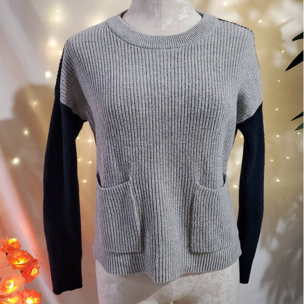 Madewell Boxy Harper Rib Knit Pullover Sweater Womens Size XS Gray Blue Pockets